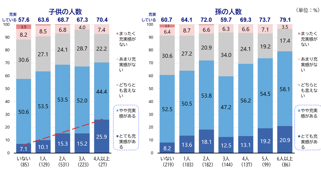 シルニアス調査：子供の人数・孫の人数別に見た高齢者の毎日の生活の充実感。「とても充実感がある」割合は子供・孫が多いほど高まる傾向があるが、子供4人以上、孫3人・6人以上で特徴的な動きが見られるグラフ。